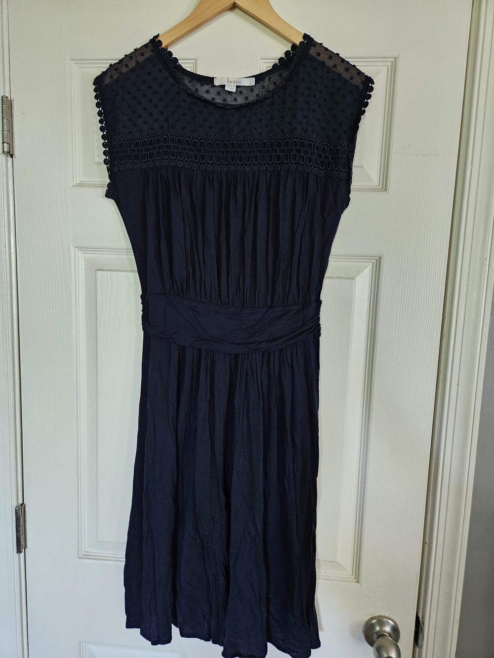 Boden Navy Sleeveless Midi Dress with Sheer Dot Yoke